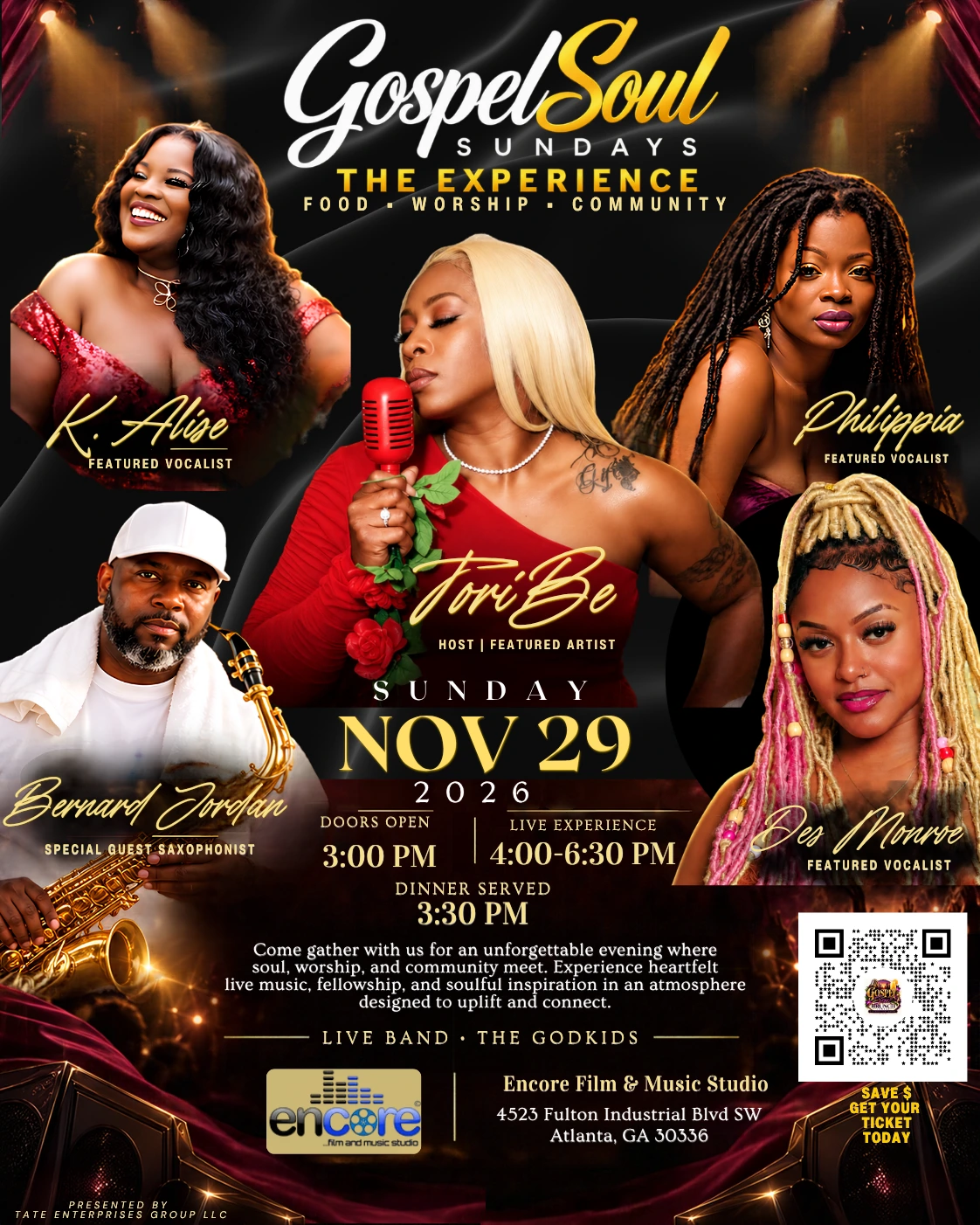 GospelSoul November 29 group flyer at Encore, showing the original announced lineup